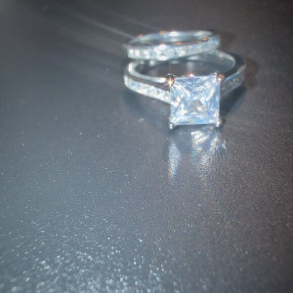 2 PC Wedding Set With Princess Cut CZ Engagement & Eternity Band Ring In Sterlin - Picture 7 of 8